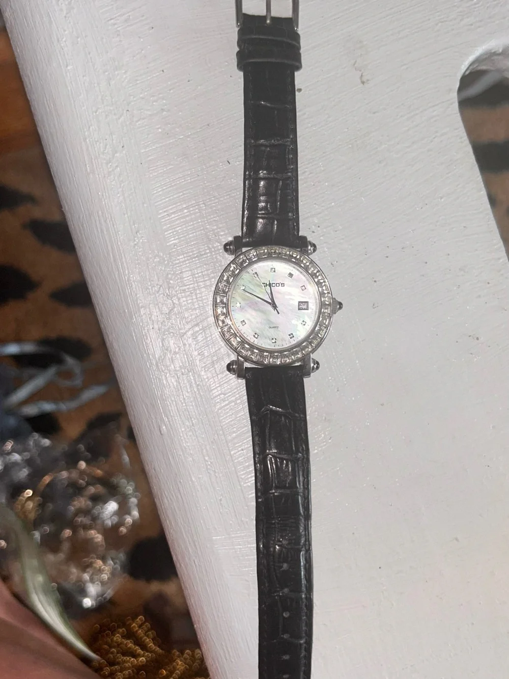 Womens Chicos Watch with rhinestone circled face on Leather Strap